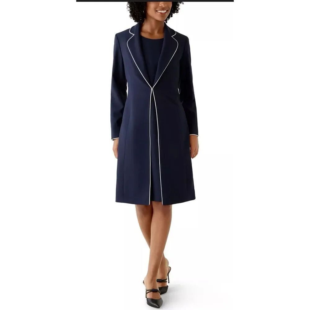 Le Suit 2Pc Jacquard Framed Sheath Dress Suit Navy/Natural White 12 Petite
